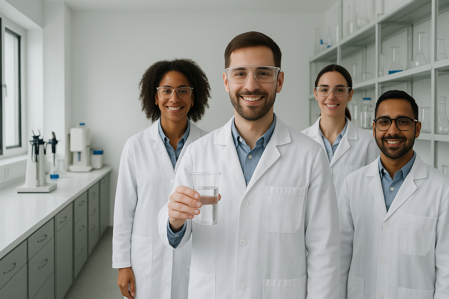 Lab team in white coats smiling at camera