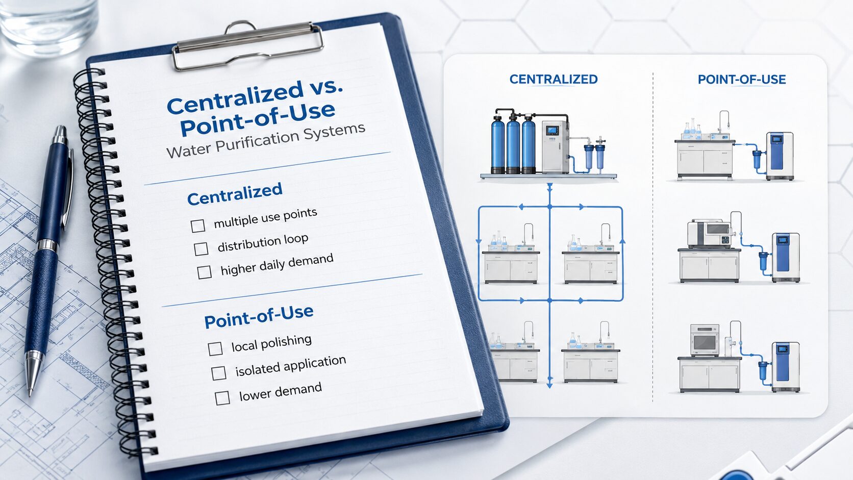infographic depicting a checklist comparing the differences between centralized and point of use water purification systems