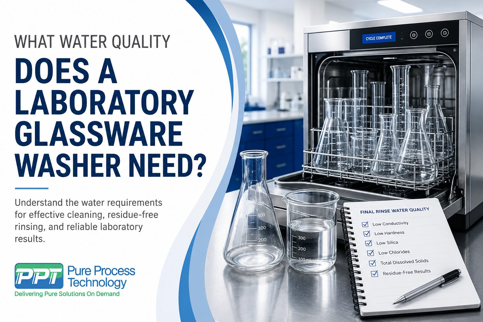 Infographic depicting lab glassware washer water quality explanation
